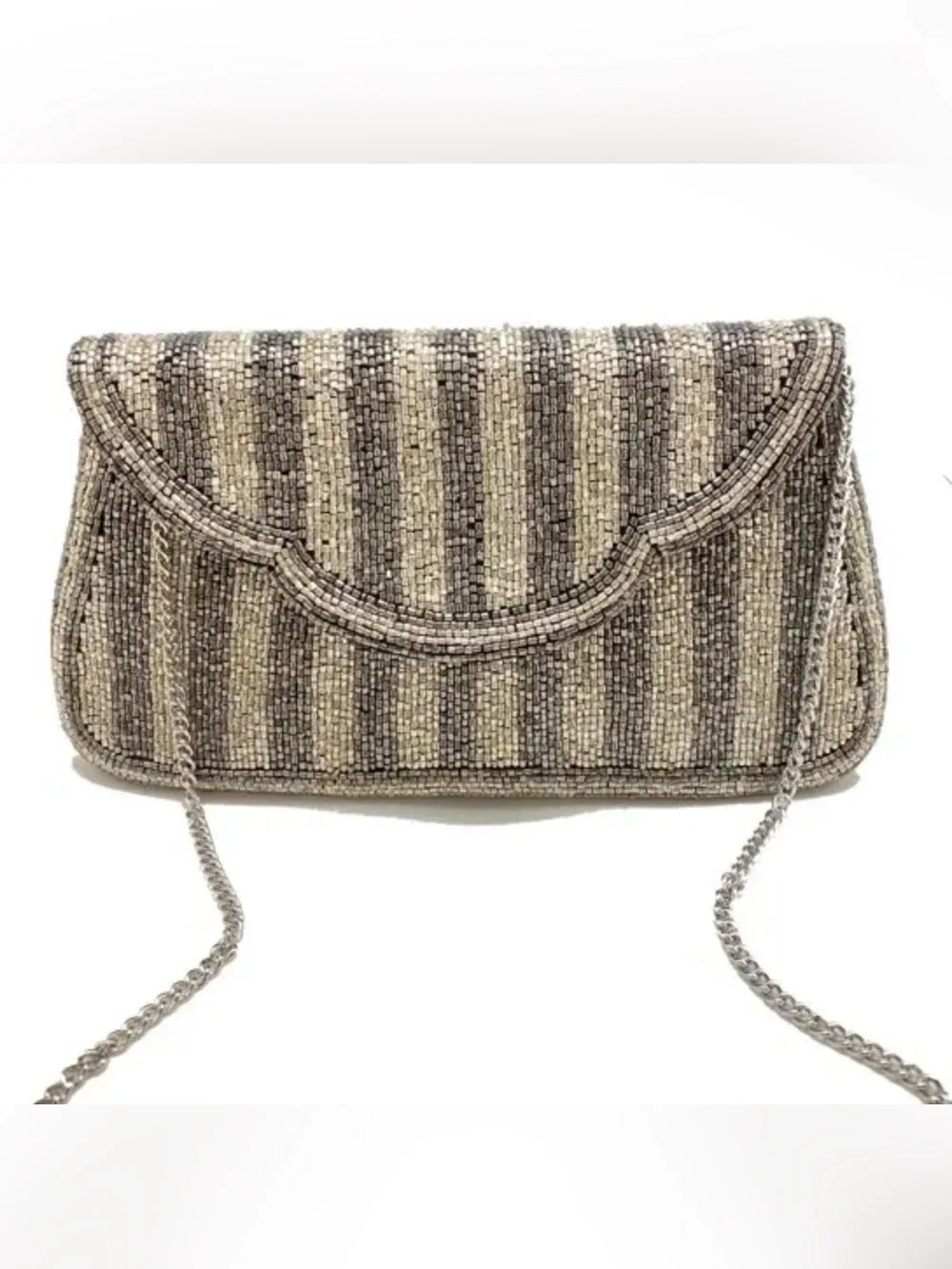Beaded Stripe Evening Clutch in Silver and Cream